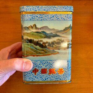 Vintage China Green Tea Beautiful Chinese Mountain Scene Tin - Tea Container/Box